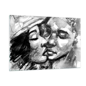 Quadro su vetro - Schizzo in bianco e nero di un tenero bacio - 120x80cm - Un attimo di tenerezza - Decorazione murale moderna per soggiorno e camera da letto ARTTOR