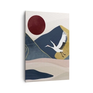 Quadro su tela - Stampe su Tela - Gru in volo sullo sfondo di montagne e un sole rosso - 70x100cm - E la giornata è nuovamente VOLATA - Decorazione murale moderna per soggiorno e camera da letto ARTTOR