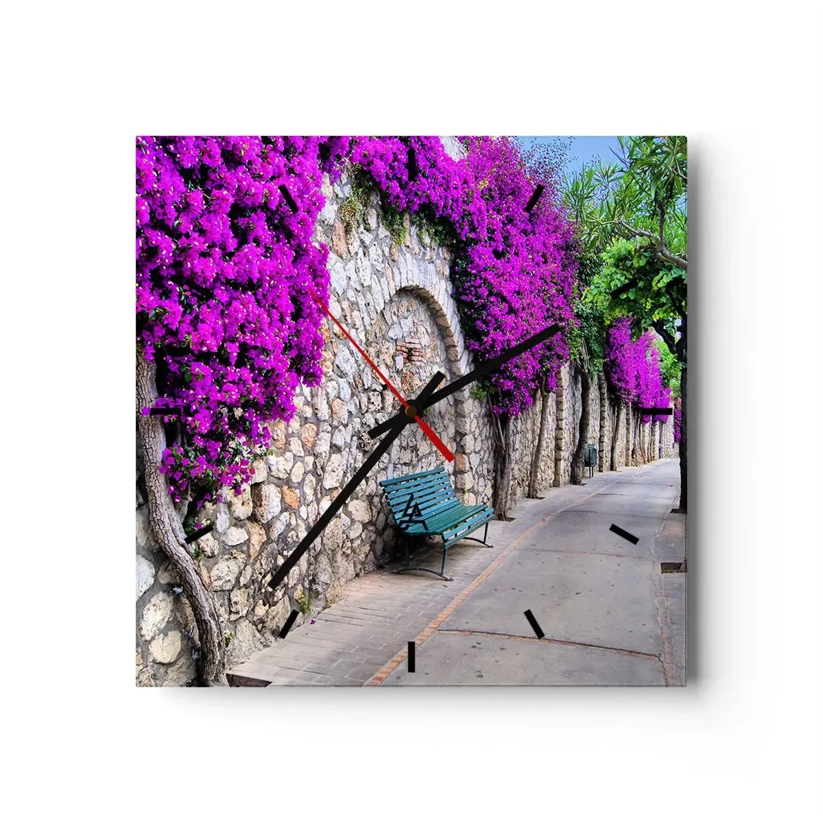 Orologio da parete - Orologio in Vetro - Un sentiero in pietra con una panchina e fiori viola in fiore - 30x30cm - Incontriamoci al più presto - Decorazione murale moderna per soggiorno e camera da letto ARTTOR