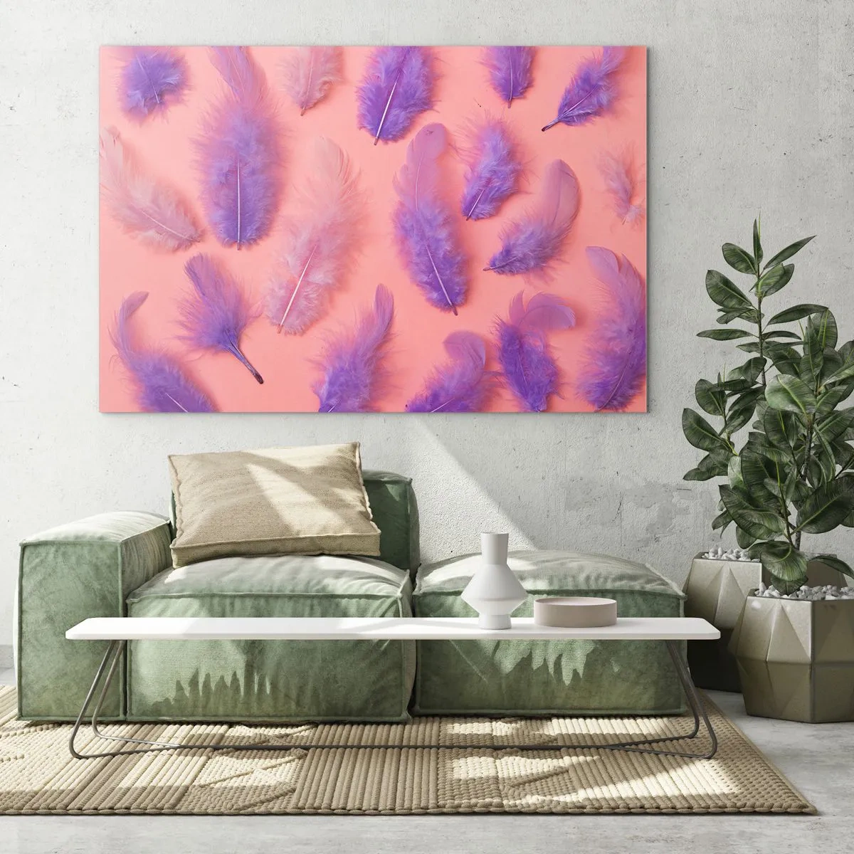 Quadro su vetro - Piume viola su sfondo rosa in una delicata composizione - 70x50cm - L'uccello lilla del desiderio - Decorazione murale moderna per soggiorno e camera da letto ARTTOR