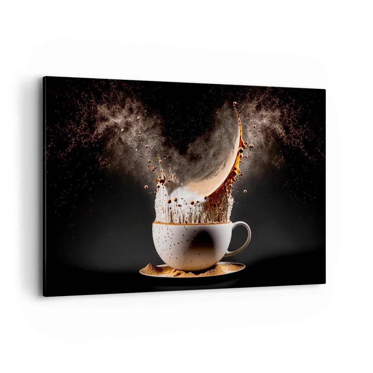 Quadro su tela - Stampe su Tela - Una tazza di caffè con un'esplosione dinamica di liquido su uno sfondo nero. - 120x80cm - Esplosione di sapore - Decorazione murale moderna per soggiorno e camera da letto ARTTOR