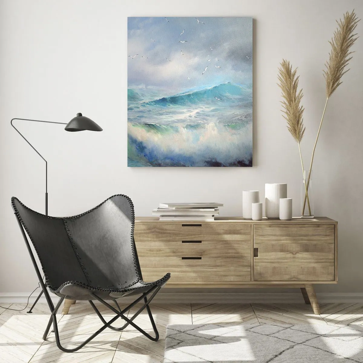 Quadro su vetro - Onde agitate dell'oceano con uccelli in un cielo nuvoloso - 50x70cm - Il turbine ululò di trionfo... - Decorazione murale moderna per soggiorno e camera da letto ARTTOR
