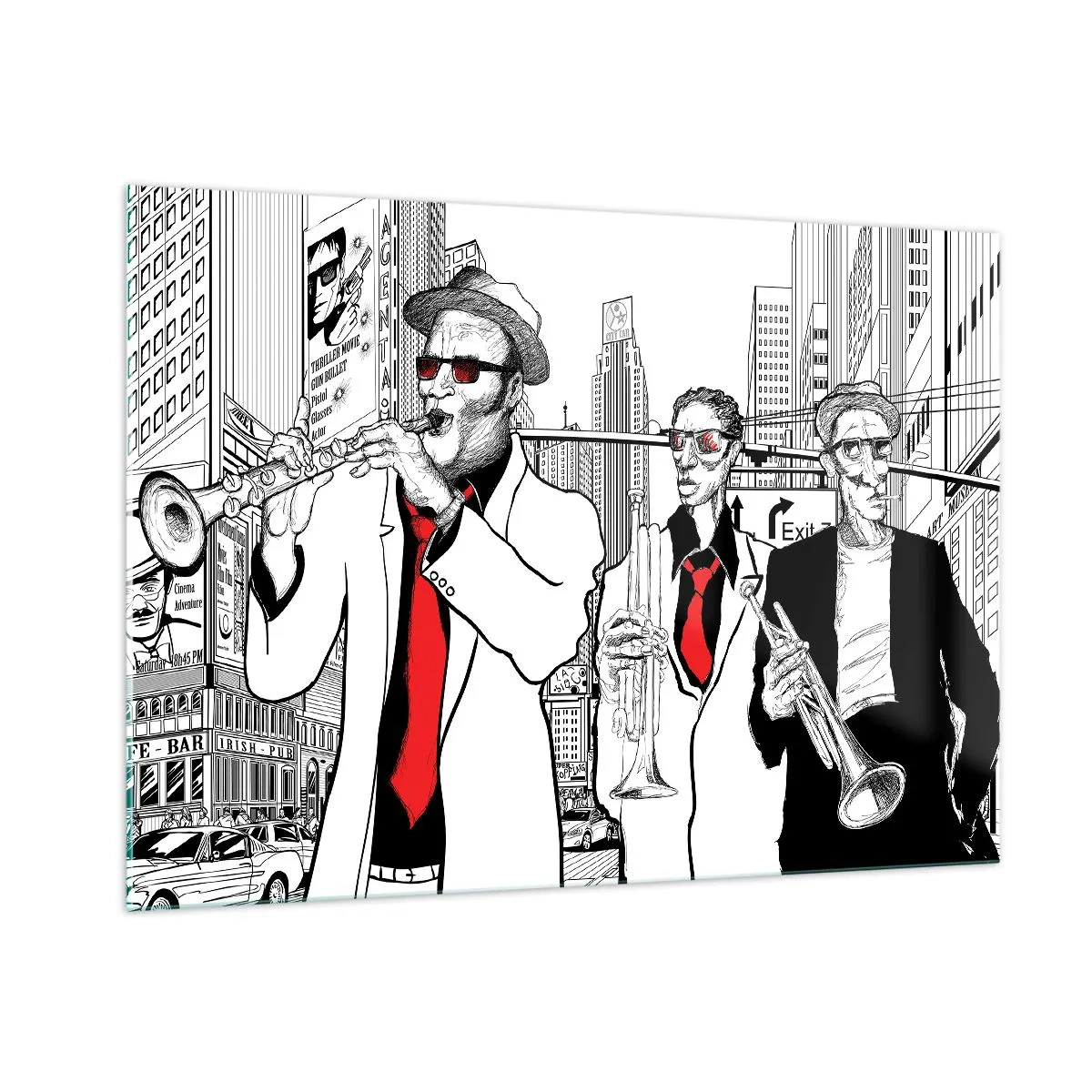 Quadro su vetro - Una street band jazz con uno stile grafico moderno. - 100x70cm - Rapsodia cittadina in nero e rosso - Decorazione murale moderna per soggiorno e camera da letto ARTTOR