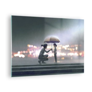 Quadro su vetro - Figure sotto la pioggia con ombrelli sullo sfondo delle luci notturne - 70x50cm - E già tutto va bene - Decorazione murale moderna per soggiorno e camera da letto ARTTOR