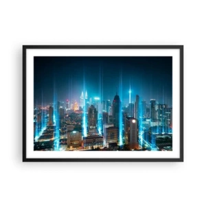 Poster in cornice nera - Una città moderna di notte con accenti di illuminazione futuristici. - 70x50cm - Da Berlino al cielo - Decorazione murale moderna per soggiorno e camera da letto ARTTOR