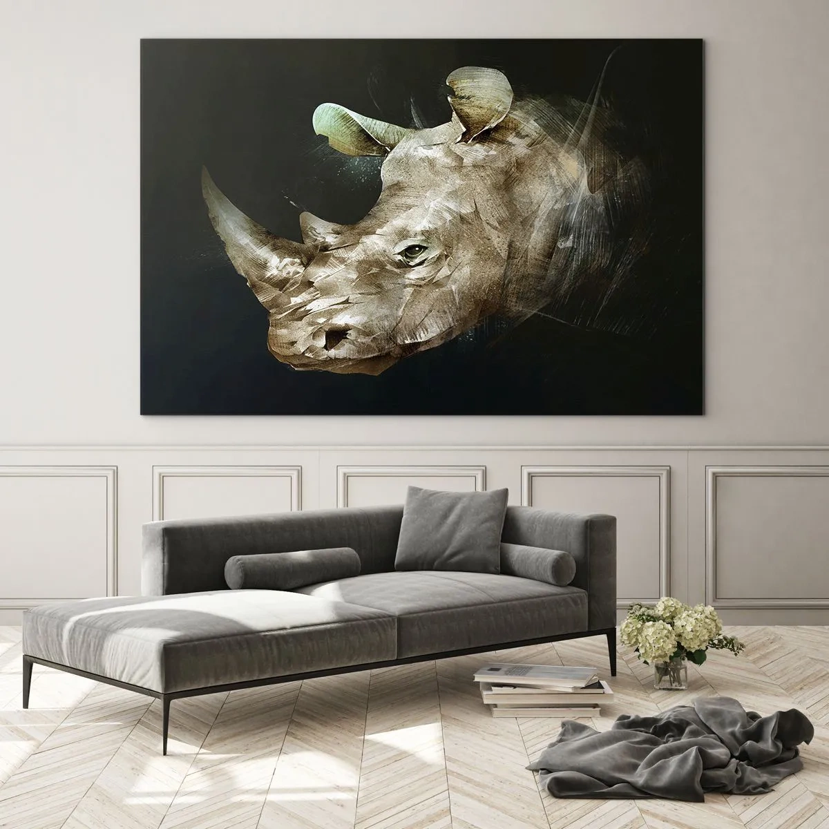 Quadro su vetro - Rappresentazione artistica di una testa di rinoceronte su uno sfondo scuro - 120x80cm - Vera forza mascolina - Decorazione murale moderna per soggiorno e camera da letto ARTTOR