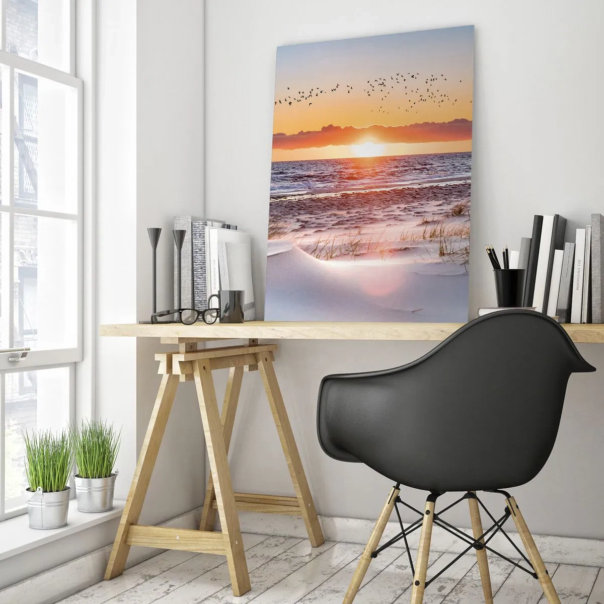 Quadro su vetro - Tramonto sul mare con vista sulle dune - 80x120cm - Paesaggio orizzontale - Decorazione murale moderna per soggiorno e camera da letto ARTTOR