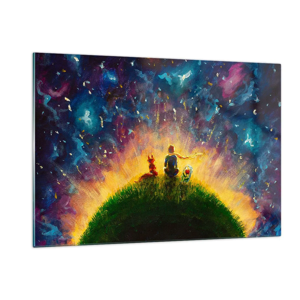 Quadro su vetro - Una figura con una volpe su un pianeta sotto un cielo stellato - 120x80cm - Amore e amicizia: l'intero mondo - Decorazione murale moderna per soggiorno e camera da letto ARTTOR