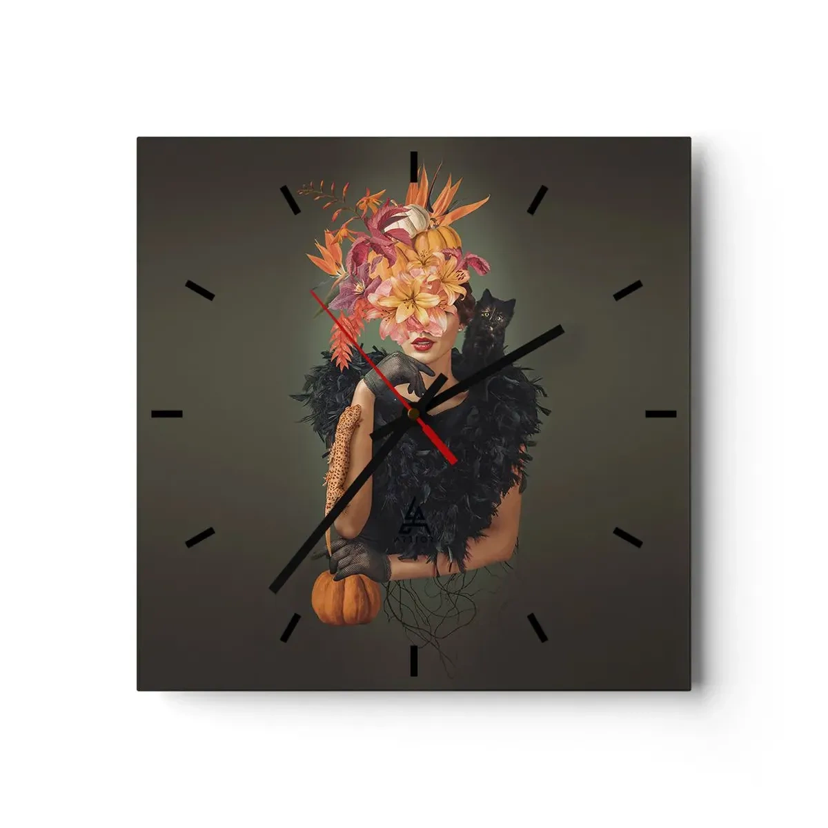 Orologio da parete - Orologio in Vetro - Ritratto di donna con motivi autunnali e un gatto - 30x30cm - L'incantesimo della strega - Decorazione murale moderna per soggiorno e camera da letto ARTTOR