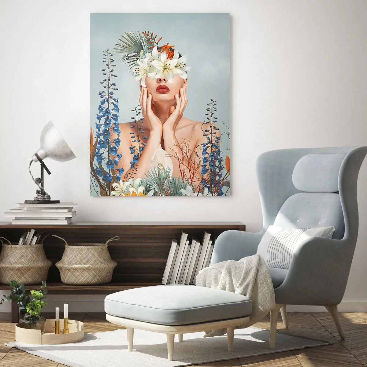 Quadro su vetro - Figura di donna con corona di fiori e composizione floreale - 50x70cm - Donna - fiore - Decorazione murale moderna per soggiorno e camera da letto ARTTOR