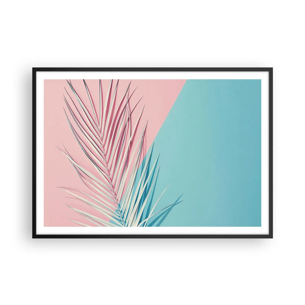 Poster in cornice nera - Foglia tropicale su uno sfondo di tonalità pastello di rosa e blu - 100x70cm - Impressione tropicale - Decorazione murale moderna per soggiorno e camera da letto ARTTOR
