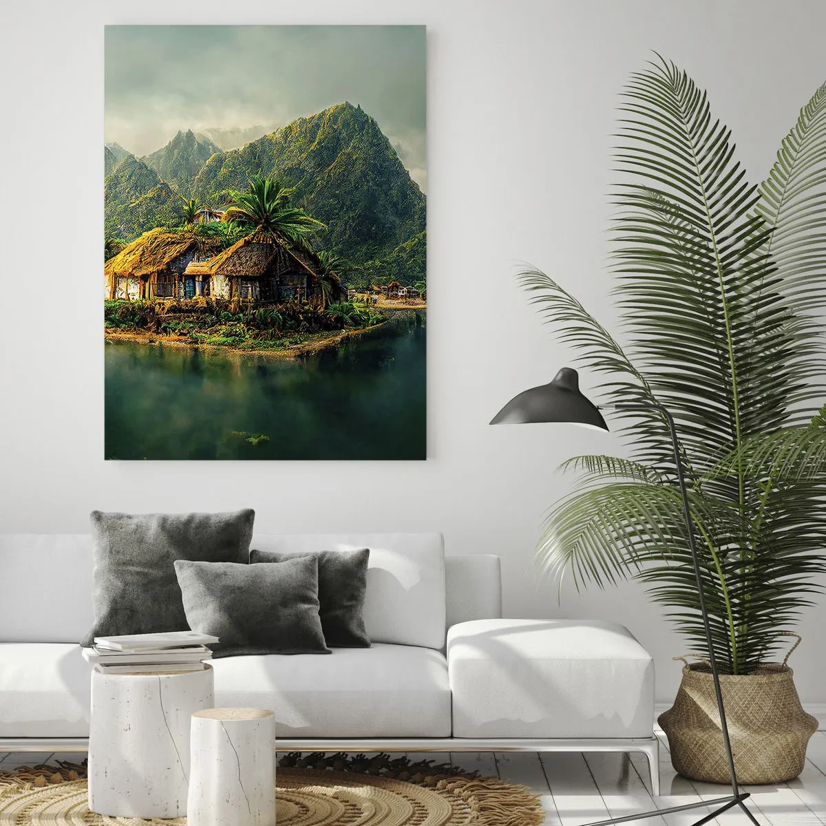 Quadro su vetro - Un'isola tropicale con palme e montagne sullo sfondo - 70x100cm - Paradiso tropicale - Decorazione murale moderna per soggiorno e camera da letto ARTTOR