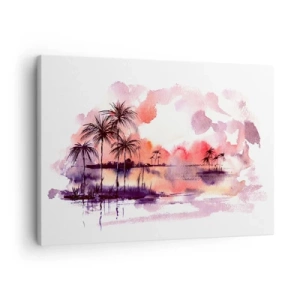 Quadro su tela - Stampe su Tela - Paesaggio tropicale con palme al tramonto in acquerello - 70x50cm - Pace dei tropici in rosso - Decorazione murale moderna per soggiorno e camera da letto ARTTOR
