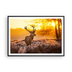 Poster in cornice nera - Un cervo sullo sfondo di una foresta autunnale illuminata dal sole dorato - 100x70cm - Il re del bosco estivo - Decorazione murale moderna per soggiorno e camera da letto ARTTOR