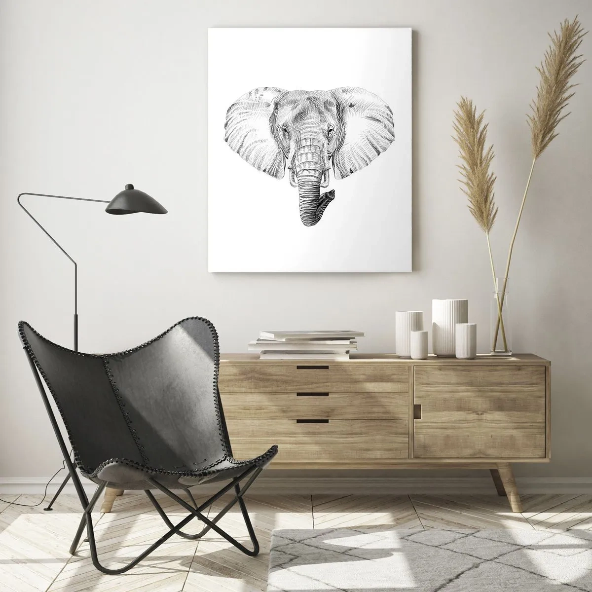 Quadro su vetro - Disegno in bianco e nero della testa di un elefante su sfondo bianco - 70x100cm - C'era un volta un elefante - Decorazione murale moderna per soggiorno e camera da letto ARTTOR