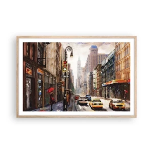 Poster in cornice rovere chiaro - New York: colorata anche sotto la pioggia - 91x61 cm