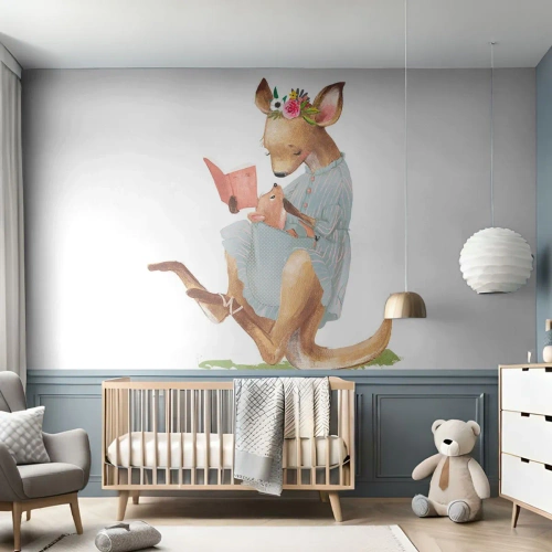 Fotomurali Premium Sand - Illustrazione di una mamma canguro che legge un libro con il suo cucciolo - 100x70cm - Mamma, leggimi - Decorazione murale moderna per soggiorno e camera da letto ARTTOR