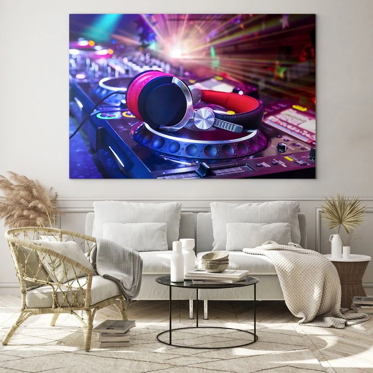 Quadro su vetro - Attrezzatura da DJ con luci colorate e cuffie - 70x50cm - Sarà fantastico - Decorazione murale moderna per soggiorno e camera da letto ARTTOR