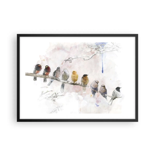 Poster in cornice nera - Uccelli colorati su un ramo in stile acquerello - 70x50cm - Incontro alato - Decorazione murale moderna per soggiorno e camera da letto ARTTOR