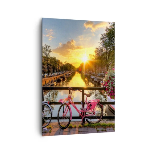 Quadro su tela - Stampe su Tela - Biciclette su un ponte al chiarore del sole al tramonto - 70x100cm - Mattino di primavera ad Amsterdam - Decorazione murale moderna per soggiorno e camera da letto ARTTOR