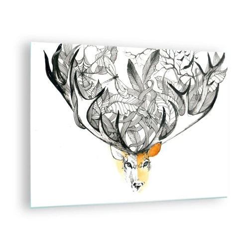 Quadro su vetro - Disegno di un cervo con corna fantasiose - 70x50cm - I corni dell'abbondanza - Decorazione murale moderna per soggiorno e camera da letto ARTTOR
