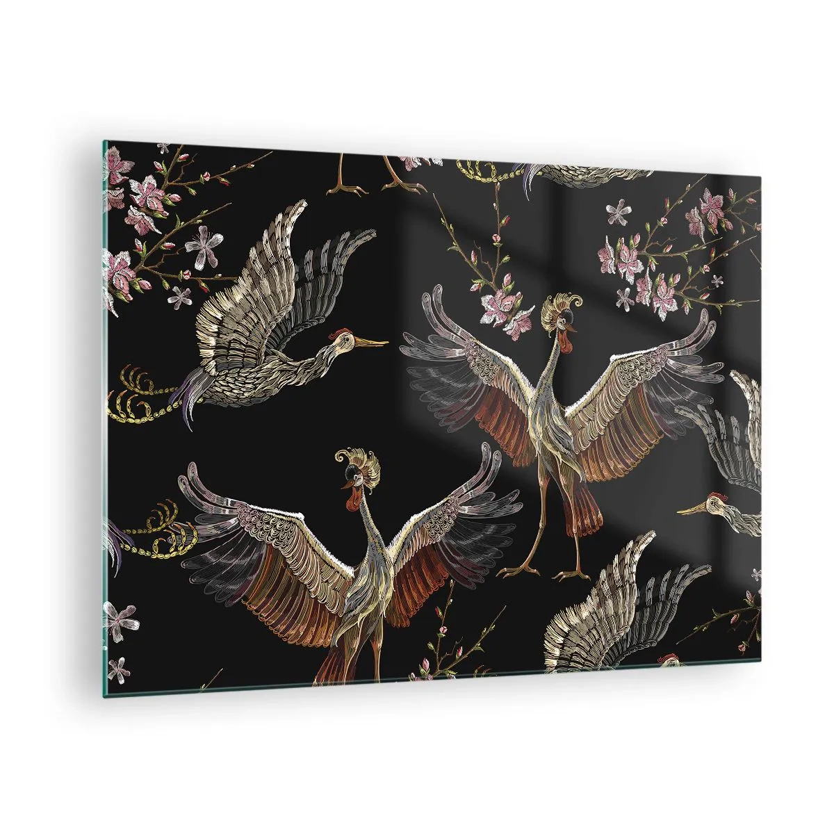 Quadro su vetro - Uccelli in volo con fiori su sfondo nero, stile retrò - 70x50cm - Uccello fantastico - Decorazione murale moderna per soggiorno e camera da letto ARTTOR