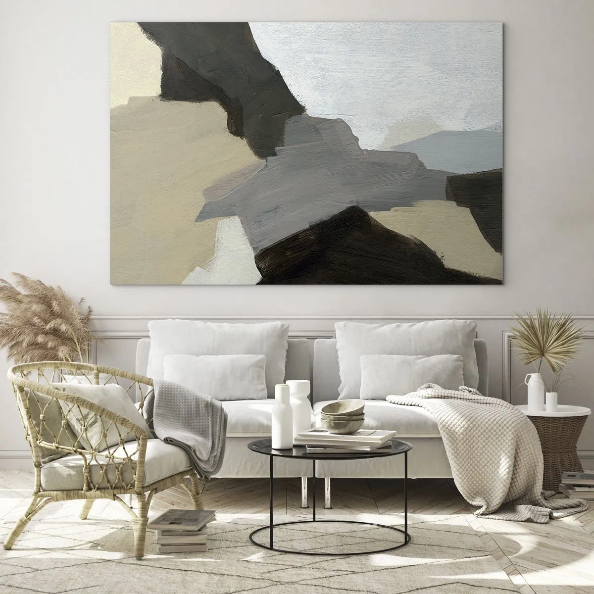 Quadro su vetro - Una moderna composizione astratta nei toni del grigio - 100x70cm - Astrazione: il crocevia del grigio - Decorazione murale moderna per soggiorno e camera da letto ARTTOR