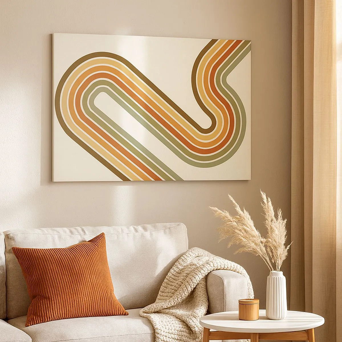 Quadro su tela - Stampe su Tela - Motivo geometrico nei toni del verde, arancione e beige su sfondo chiaro - 70x50cm - Zig zag fino alla meta - Decorazione murale moderna per soggiorno e camera da letto ARTTOR