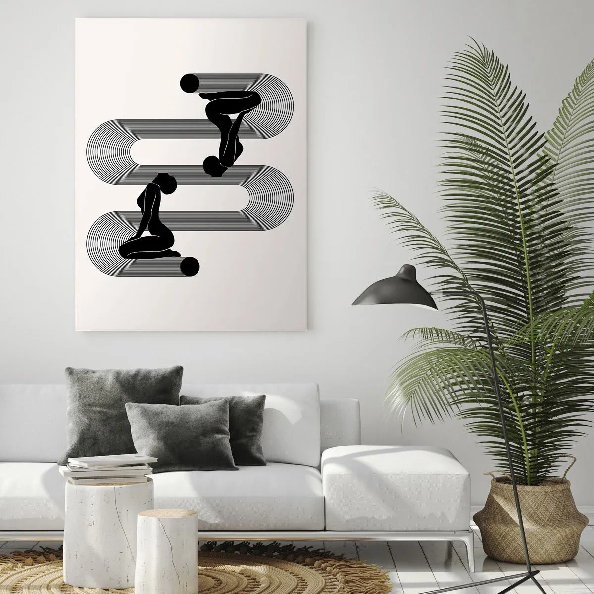 Quadro su vetro - Sagome nere con linee geometriche su sfondo chiaro - 80x120cm - Simmetria sensuale - Decorazione murale moderna per soggiorno e camera da letto ARTTOR