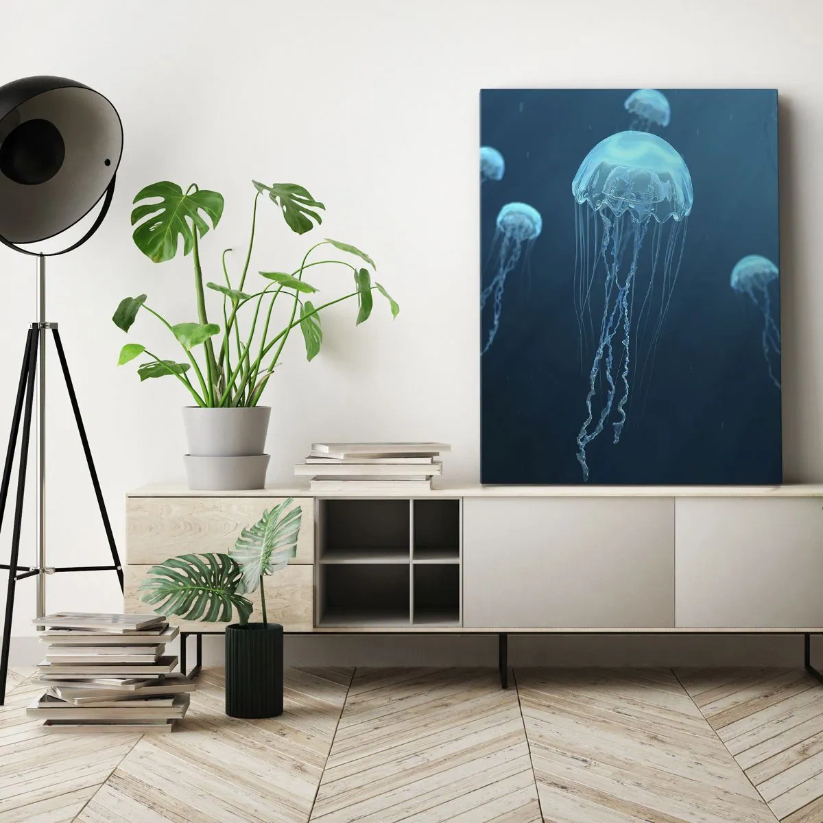 Quadro su tela - Stampe su Tela - Meduse che galleggiano nelle profondità dell'oceano nei toni del blu - 50x70cm - La danza oceanica - Decorazione murale moderna per soggiorno e camera da letto ARTTOR