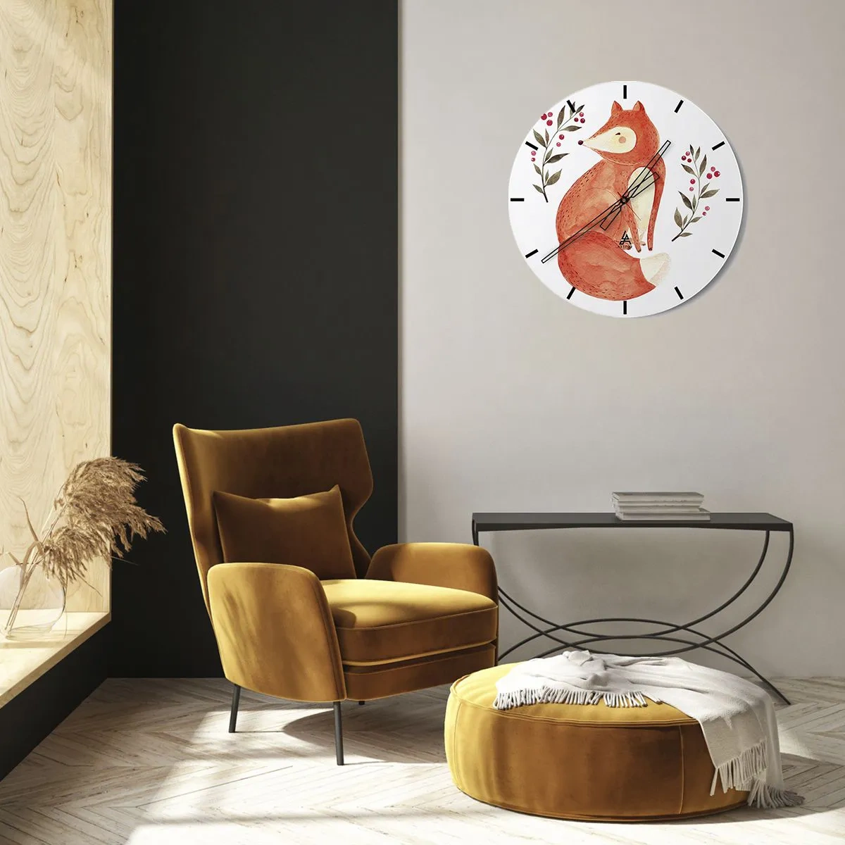 Orologio da parete - Orologio in Vetro - Illustrazione di una volpe rossa circondata da ramoscelli con bacche - 30x30cm - Piccola rossa - Decorazione murale moderna per soggiorno, cucina e camera da letto ARTTOR