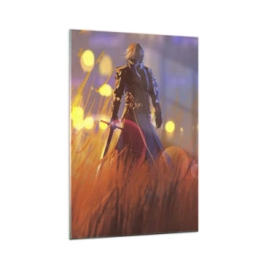 Quadro su vetro - La figura di un cavaliere alla luce del sole al tramonto in un campo - 70x100cm - Il cavaliere errante - Decorazione murale moderna per soggiorno e camera da letto ARTTOR