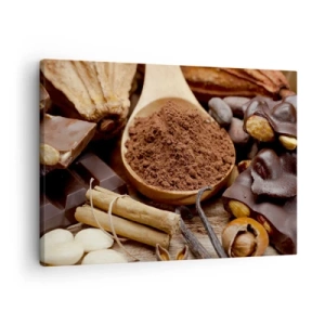 Quadro su tela - Stampe su Tela - Un cucchiaio di cacao e ingredienti al cioccolato in una disposizione rustica - 70x50cm - Ideale per i momenti di tristezza - Decorazione murale moderna per soggiorno e camera da letto ARTTOR