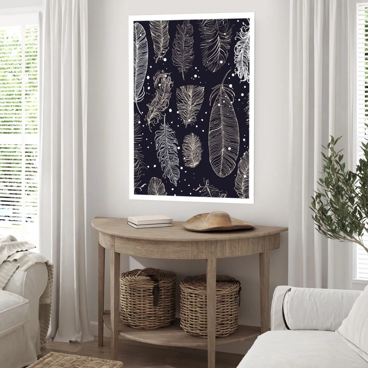 Poster - Piume bianche su sfondo nero in una disposizione elegante - 50x70cm - Pizzo piumato - Decorazione murale moderna per soggiorno e camera da letto ARTTOR