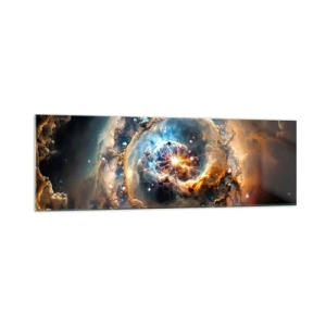 Quadro su vetro - Una visione astratta di un'esplosione cosmica nei toni dell'oro e del blu. - 160x50cm - L'inizio - Decorazione murale moderna per soggiorno e camera da letto ARTTOR