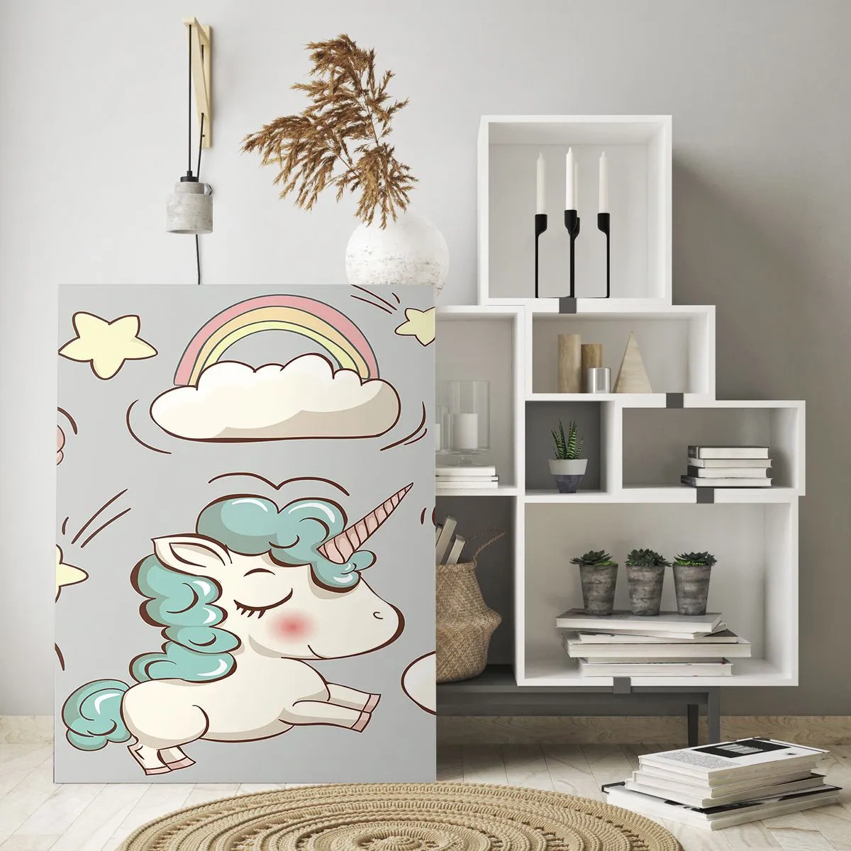 Quadro su vetro - Simpatici unicorni tra le nuvole con arcobaleno e palloncini - 50x70cm - Sicuramente esistono… - Decorazione murale moderna per soggiorno e camera da letto ARTTOR