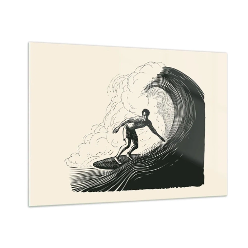 Quadro su vetro - Surfista che cavalca un'onda alta in uno stile di disegno retrò - 100x70cm - Il re delle onde - Decorazione murale moderna per soggiorno e camera da letto ARTTOR