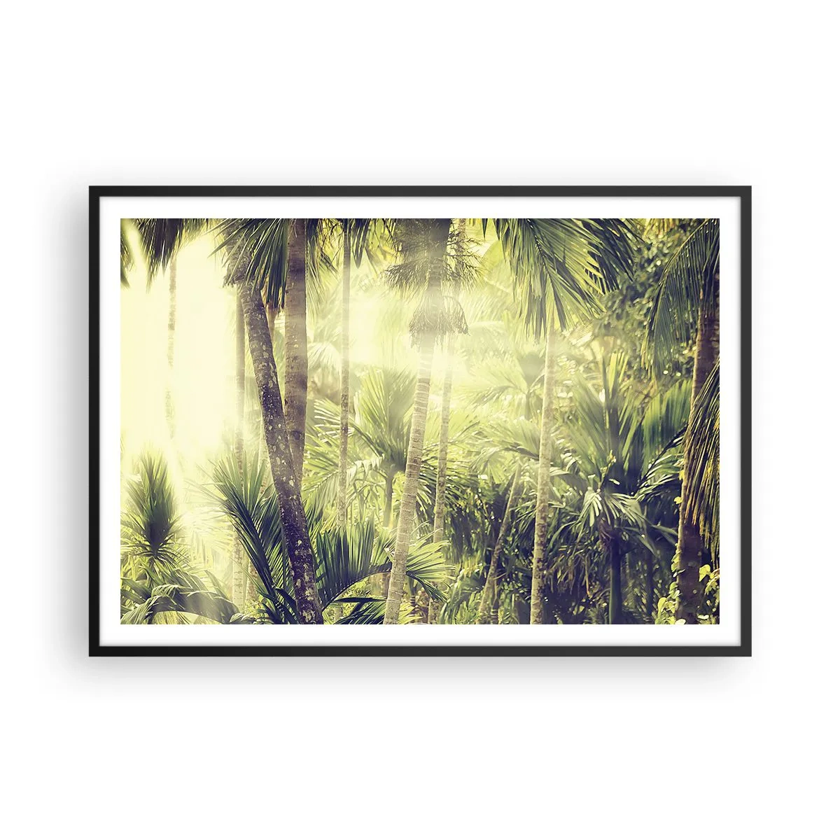 Poster in cornice nera - Raggi di sole in una foresta tropicale di palme - 100x70cm - Nell'afa verde - Decorazione murale moderna per soggiorno e camera da letto ARTTOR