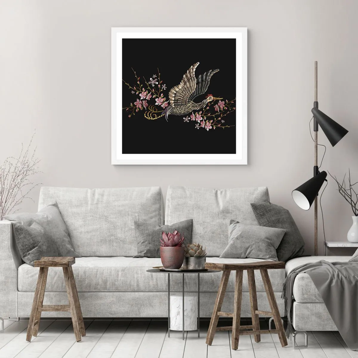 Poster in cornice bianca - Uccello esotico ricamato - 60x60 cm