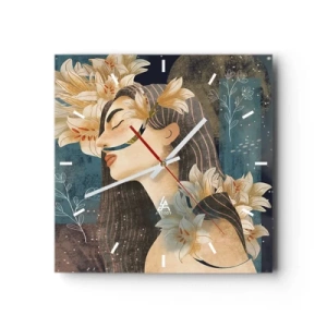 Orologio da parete - Orologio in Vetro - Ritratto di una donna con fiori in stile artistico su sfondo scuro - 30x30cm - La favola della principessa con i gigli - Decorazione murale moderna per soggiorno e camera da letto ARTTOR
