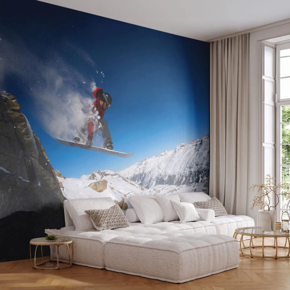 Fotomurali Premium Canvas - Uno snowboarder salta da una roccia contro un paesaggio montano - 100x70cm - E diventi parte del panorama - Decorazione murale moderna per soggiorno e camera da letto ARTTOR