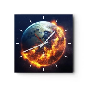 Orologio da parete - Orologio in Vetro - Il pianeta Terra in fiamme nello spazio - 30x30cm - Le fiamme dell'apocalisse - Decorazione murale moderna per soggiorno e camera da letto ARTTOR
