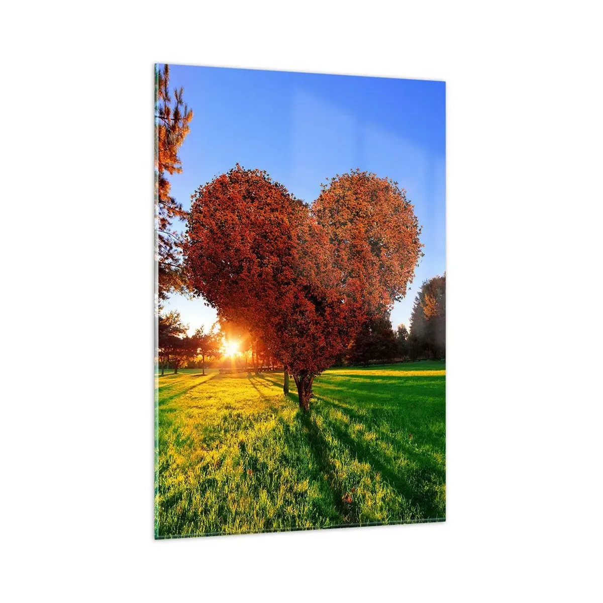 Quadro su vetro - Un albero a forma di cuore in uno scenario autunnale - 80x120cm - Come non amare l'autunno - Decorazione murale moderna per soggiorno e camera da letto ARTTOR