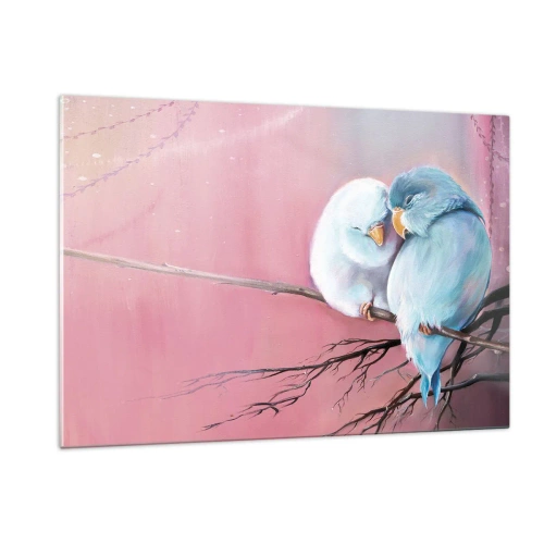 Quadro su vetro - Due inseparabili seduti su un ramo su uno sfondo rosa - 120x80cm - Che cosa aggiungere? - Decorazione murale moderna per soggiorno e camera da letto ARTTOR