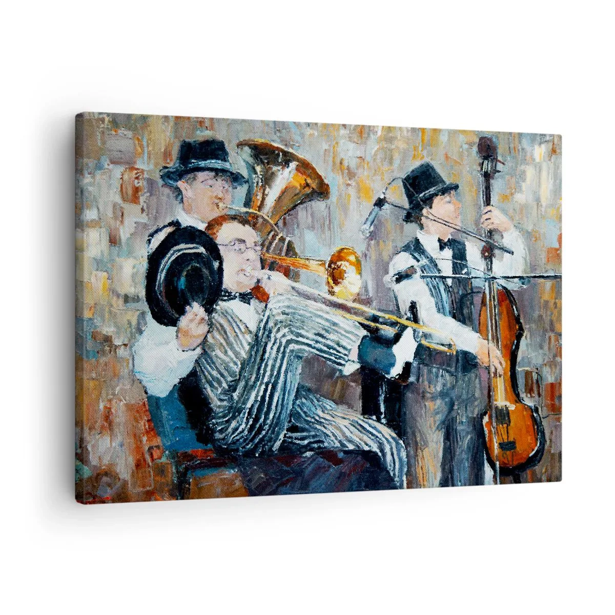 Quadro su tela - Stampe su Tela - Musicisti jazz in stile pittorico durante un concerto - 70x50cm - Tutto il jazz - Decorazione murale moderna per soggiorno e camera da letto ARTTOR