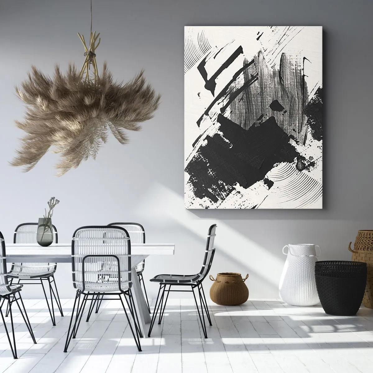 Quadro su tela - Stampe su Tela - Pennellate astratte di nero su sfondo bianco - 50x70cm - Astrazione: espressione di nero - Decorazione murale moderna per soggiorno e camera da letto ARTTOR