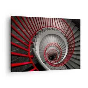 Quadro su tela - Stampe su Tela - Scala a chiocciola con corrimano rossi in prospettiva dinamica - 70x50cm - I giochi dell'architettura - Decorazione murale moderna per soggiorno e camera da letto ARTTOR