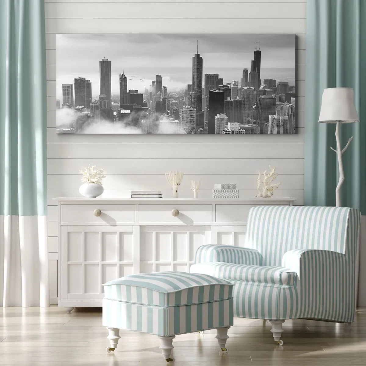 Quadro su tela - Stampe su Tela - Panorama della città con grattacieli tra le nuvole in bianco e nero - 120x50cm - Paesaggio americano - Decorazione murale moderna per soggiorno e camera da letto ARTTOR