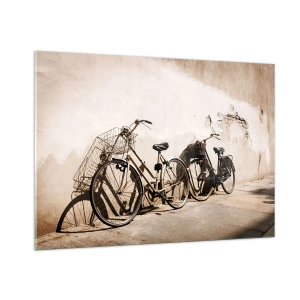 Quadro su vetro - Biciclette retrò appoggiate a un vecchio muro - 100x70cm - L'indimenticabile bellezza del passato - Decorazione murale moderna per soggiorno e camera da letto ARTTOR
