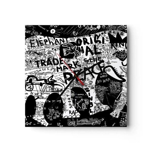 Orologio da parete - Orologio in Vetro - Grafica in bianco e nero con motivi graffiti - 30x30cm - Il ricco mondo della strada - Decorazione murale moderna per soggiorno e camera da letto ARTTOR